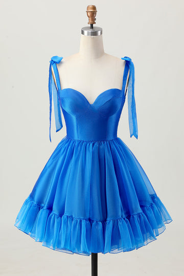 A Line Royal Blue Spaghetti Straps Ruffled Cocktail Dress